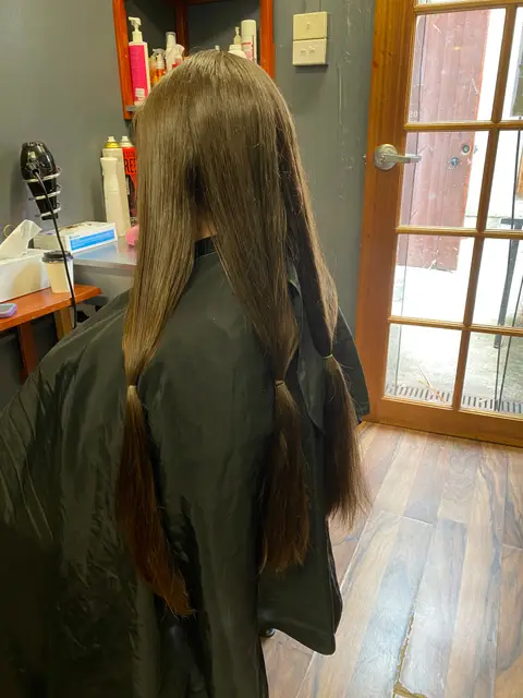 Long straight brunette hair sectioned into ponytails in the salon before a cut