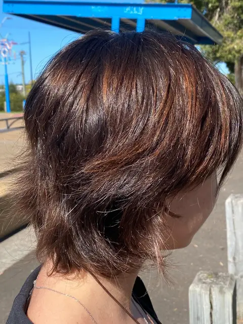 Back view of a layered brunette shag showing copper tones in sunlight
